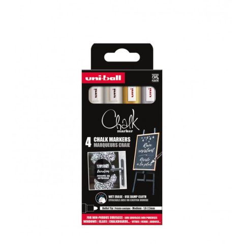 Produse art & craft-Lucru manual - Set 4x Markere cu cretă lichidă UNI Chalk PWE-5M ASSF46, 1.8–2.5 mm (alb, auriu, argintiu)