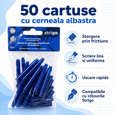 Cerneala si Rezerve - Set 50 rezerve pentru Stiloul cu stergere Strigo cu Cerneală Albastră –  Ștergere prin Fricțiune