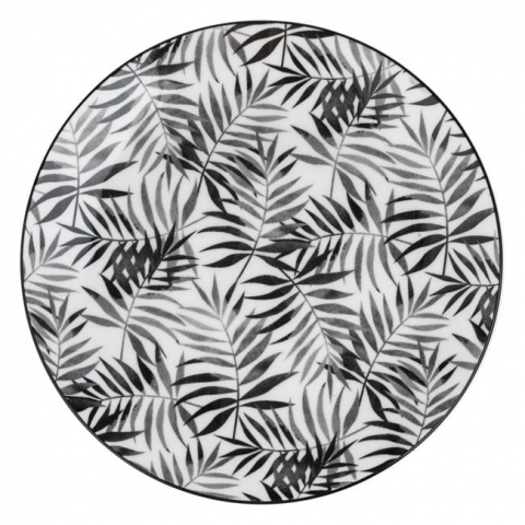 Farfurii - Set 6 farfurii pentru servire din portelan cu design frunze tropicale, negru, 19 cm