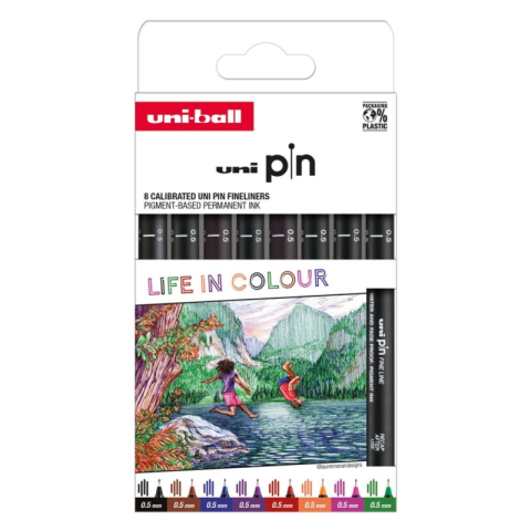 Instrumente de scris - Set 8 linere UNI PIN Life in Colour, varf 0.5 mm, 8 culori