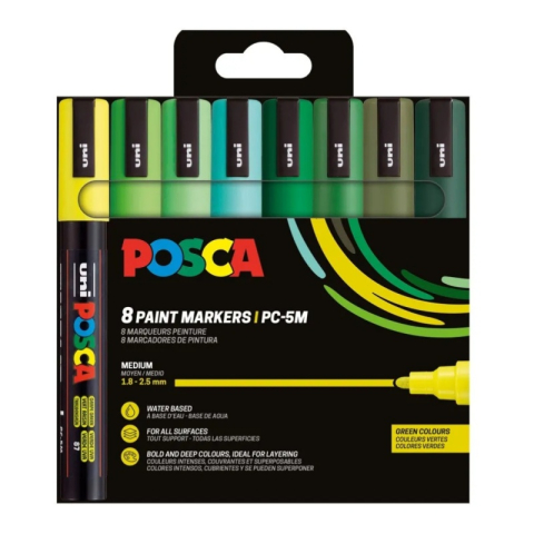 Produse marca POSCA - Set 8 markere UNI Posca PC-5M 1.8-2.5 mm, set 8 culori, nuante de verde