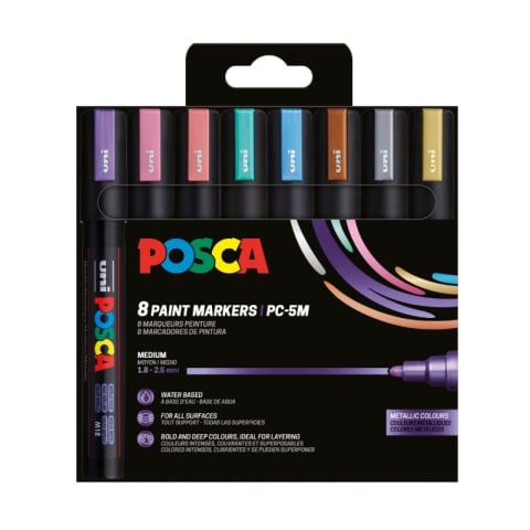 Produse art & craft-Lucru manual - Set 8 markere UNI Posca PC-5M, vârf rotund 1.8–2.5 mm – culori metalizate