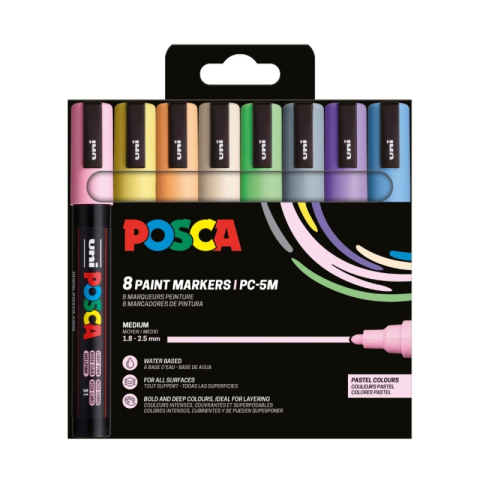 Produse art & craft-Lucru manual - Set 8 markere UNI Posca PC-5M, vârf rotund 1.8–2.5 mm – culori pastel