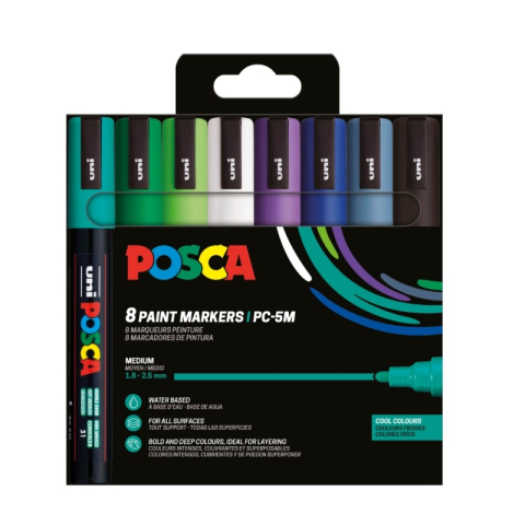 Produse art & craft-Lucru manual - Set 8 markere UNI Posca PC-5M, vârf rotund 1.8–2.5 mm – culori reci