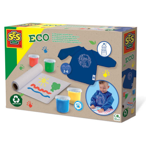 Seturi pictura cu degetele Baby Finger - Set ECO acuarele pentru degete cu șorț pentru copii și rolă de hârtie reciclată