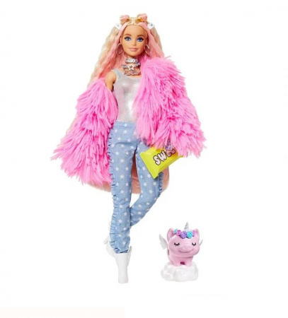 Papusi & accesorii - Set Barbie Extra Fluffy cu jacheta roz si unicorn