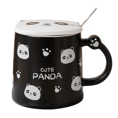 Cani si cesti - Set cana cu capac si lingurita, urusleti panda,negru,ceramica,370 ml