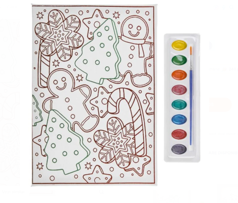 Accesorii creatie Paste - Set creativ de pictat Craciun, canvas cu turta dulce, brazi si bastonase, 8 culori si pensula