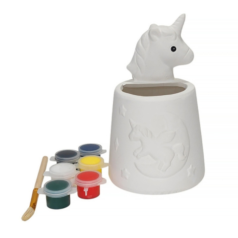 Seturi creative pentru copii - Set creativ de pictat suport ceramic pentru creioane unicorn, pensula si 6 culori