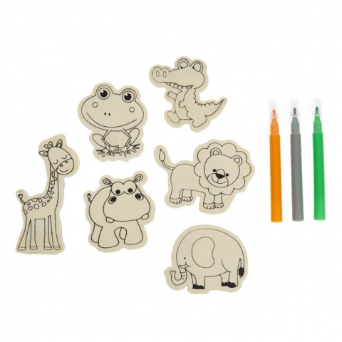 Produse art & craft-Lucru manual - Set creativ din lemn figurine magnetice animale cu 3 carioci,6 bucati/set