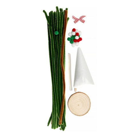 Accesorii creatie Craciun - Set creativ DIY Bradut de Craciun, con polistiren, sarma plusata, pom-pom, rondea lemn si accesorii