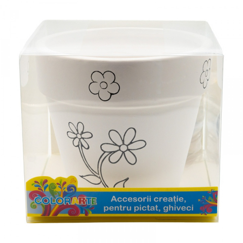 Set creativ pentru pictat ghiveci cu desene,pensula si 6 culori incluse,ceramica,11x12 cm [1]