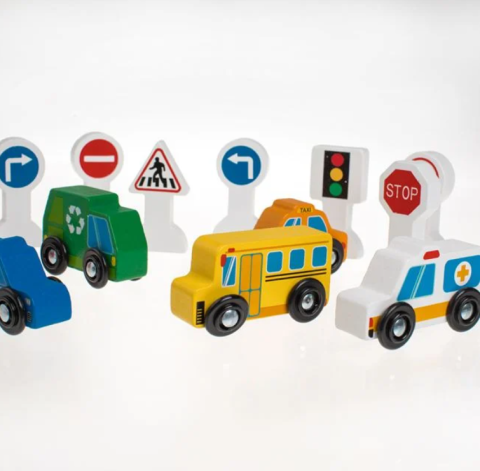 Set de joaca din lemn cu semne de circulatie si 6 vehicule, 15 piese, +12 luni [1]