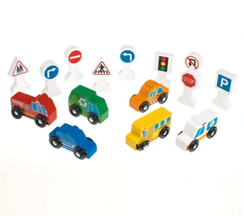 Set de joaca din lemn cu semne de circulatie si 6 vehicule, 15 piese, +12 luni [0]
