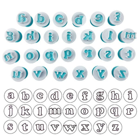 Ustensile de bucatarie - Set Decupatoare cu Piston, pentru Martipan, Biscuiti, Coca, Litere Mici, 26 bucati
