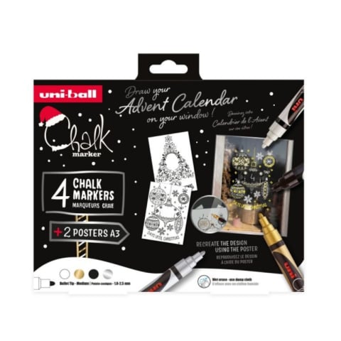 Produse art & craft-Lucru manual - Set Desen Ferestre Crăciun – 4 Markere UNI Chalk XMAS Elegante (alb, auriu, argintiu, negru) + 2 șabloane A3