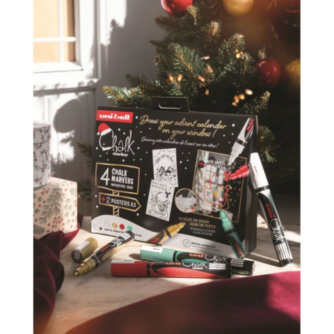 Set Desen Ferestre Crăciun – 4 Markere UNI Chalk XMAS Traditional (alb, auriu, verde si rosu) + 2 șabloane A3 [2]