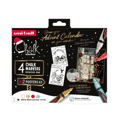 Produse marca POSCA - Set Desen Ferestre Crăciun – 4 Markere UNI Chalk XMAS Traditional (alb, auriu, verde si rosu) + 2 șabloane A3