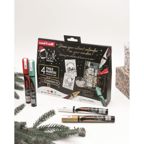 Set Desen Ferestre Crăciun – 4 Markere UNI Chalk XMAS Traditional (alb, auriu, verde si rosu) + 2 șabloane A3 [1]