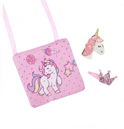 Jocuri si articole copii - Set geanta cu imprimeu Unicorn cu 2 clame de par incluse
