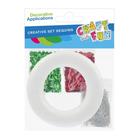 Produse art & craft-Lucru manual - Set inel polistiren cu paiete roșii și verzi și ace cu gămălie, 15x18 cm – pentru proiecte creative