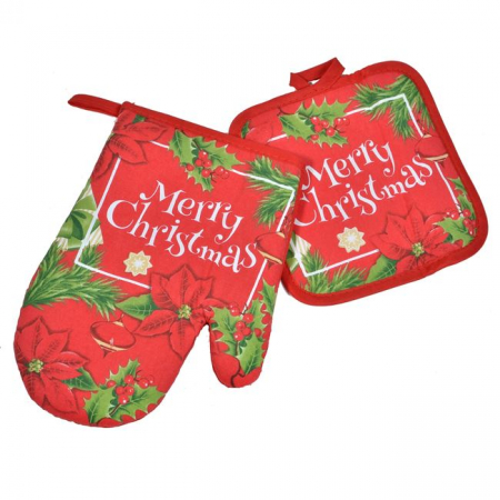 Articole pentru Craciun - Set manusa si suport pentru cuptor- Imprimeu Merry Christmas