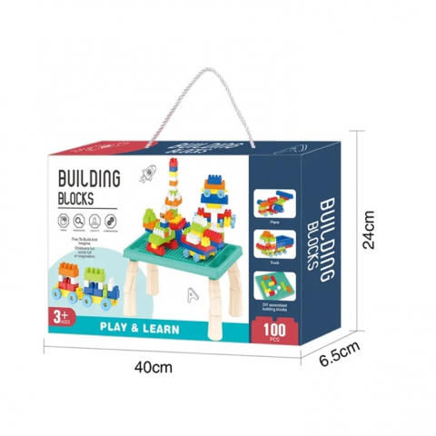 Set masuta cu cuburi de construit, 100 piese,plastic, albastru, 33x19.5x18 cm [2]