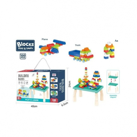 Set masuta cu cuburi de construit, 100 piese,plastic, albastru, 33x19.5x18 cm [1]