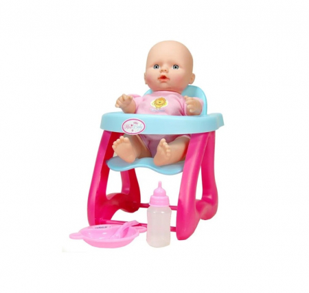 Papusi & accesorii - Set Papusa bebelus cu scaun de masa si accesorii incluse