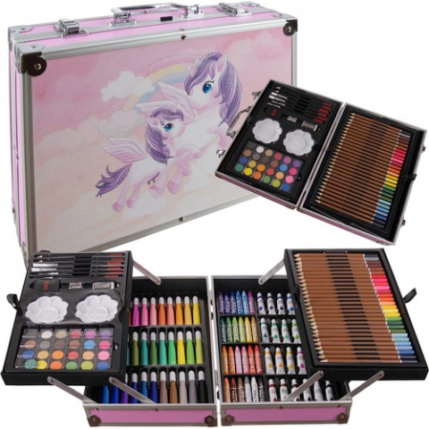 Produse art & craft-Lucru manual - Set pentru desen si pictura in cutie tip servieta cu 144 piese,design unicorn, +3 ani
