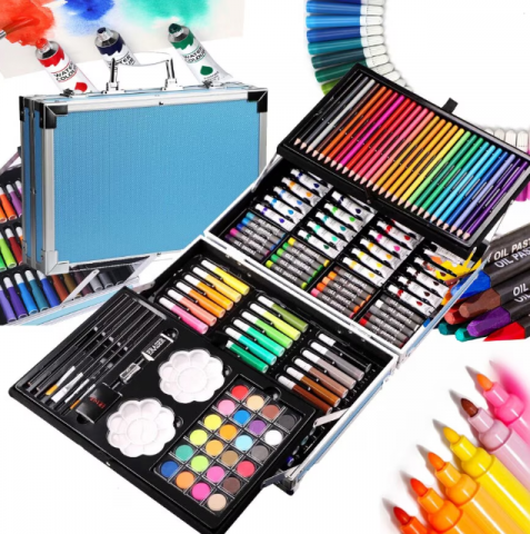 Jocuri si Jucarii Educative - Set pentru desen si pictura in cutie tip servieta cu 145 piese ,design albastru, +3 ani