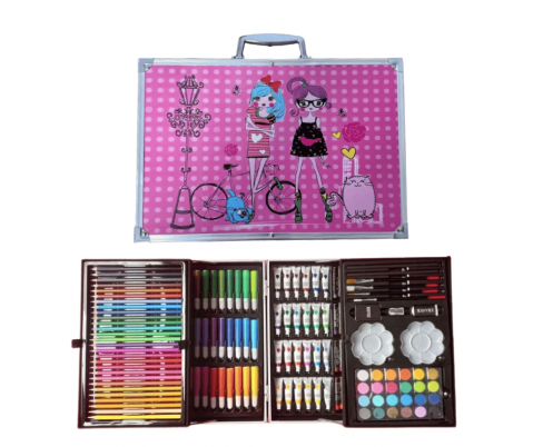 Jocuri si Jucarii Educative - Set pentru desen si pictura in cutie tip servieta cu 145 piese,design fetite, +3 ani