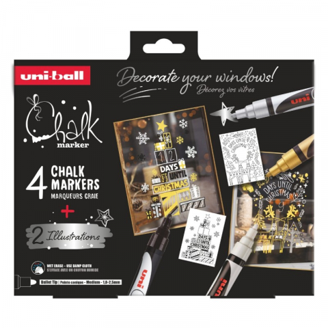 Set pentru desenat pe ferestre 4x Marker cu creta UNI Chalk PWE-5M XMAS Scandinavian, 1.8-2.5mm, alb, auriu, argintiu, negru + 2 sabloane A3 [1]