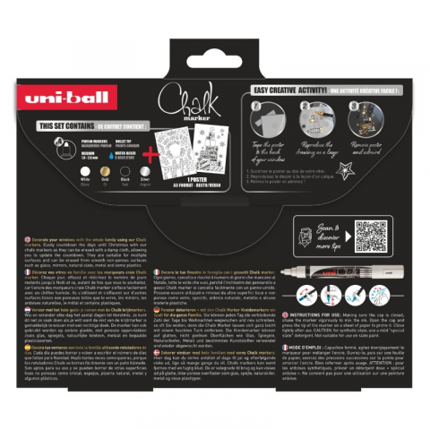 Set pentru desenat pe ferestre 4x Marker cu creta UNI Chalk PWE-5M XMAS Scandinavian, 1.8-2.5mm, alb, auriu, argintiu, negru + 2 sabloane A3 [3]