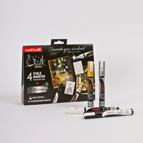 Seturi creative pentru copii - Set pentru desenat pe ferestre 4x Marker cu creta UNI Chalk PWE-5M XMAS Scandinavian, 1.8-2.5mm, alb, auriu, argintiu, negru + 2 sabloane A3