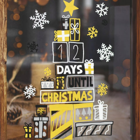 Set pentru desenat pe ferestre 4x Marker cu creta UNI Chalk PWE-5M XMAS Scandinavian, 1.8-2.5mm, alb, auriu, argintiu, negru + 2 sabloane A3 [6]