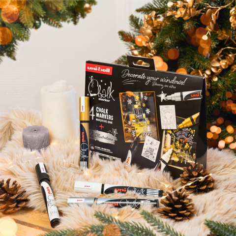 Set pentru desenat pe ferestre 4x Marker cu creta UNI Chalk PWE-5M XMAS Scandinavian, 1.8-2.5mm, alb, auriu, argintiu, negru + 2 sabloane A3 [4]