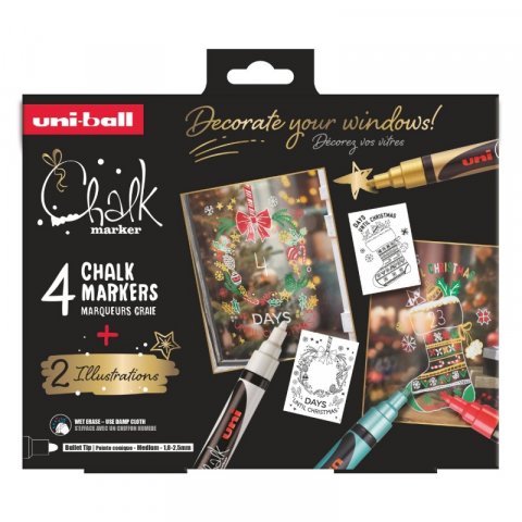 Seturi creative pentru copii - Set pentru desenat pe ferestre 4x Marker cu creta UNI Chalk PWE-5M XMAS Traditional, 1.8-2.5mm, alb, auriu, verde, rosu + 2 sabloane A3