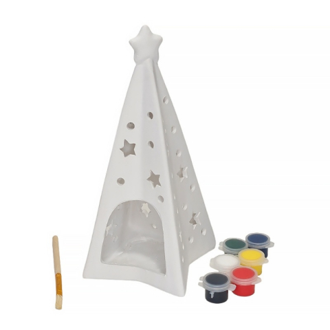 Seturi creative pentru copii - Set pentru pictat ceramica suport lumanare brad, pensula si 6 culori