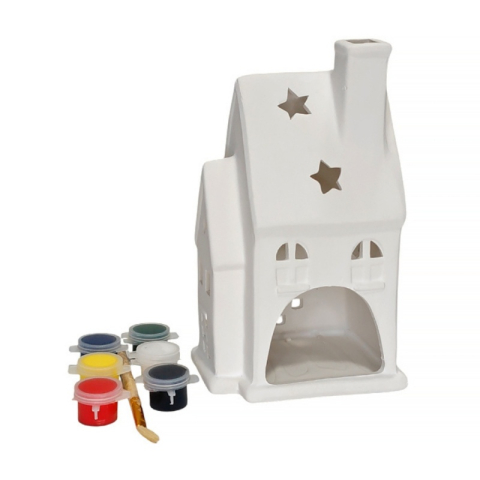 Jocuri si Jucarii Educative - Set pentru pictat ceramica suport lumanare casuta, pensula si 6 culori