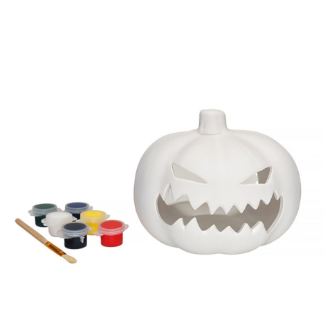 Seturi creative DIY - Set pentru pictat ceramica suport lumanare dovleac, pensula si 6 culori, 12x11 cm