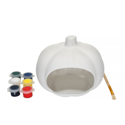 Set pentru pictat ceramica suport lumanare dovleac, pensula si 6 culori, 12x11 cm [2]