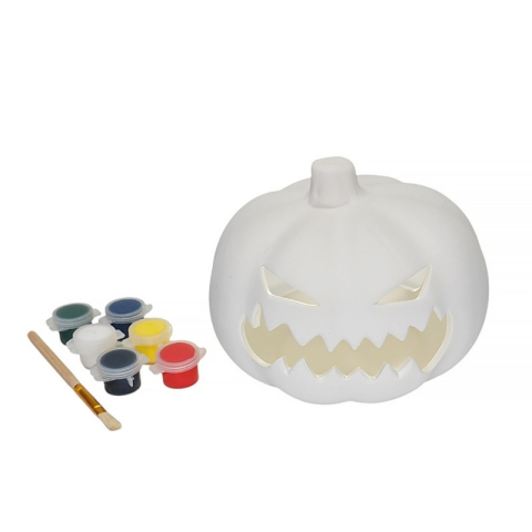 Set pentru pictat ceramica suport lumanare dovleac, pensula si 6 culori, 12x11 cm [1]