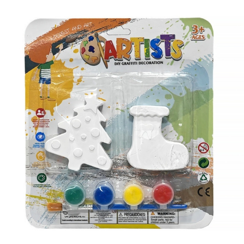 Accesorii creatie Craciun - Set pentru pictat figurine din ipsos Bradut si Cizmulita, 4 culori si pensula, 3 ani+