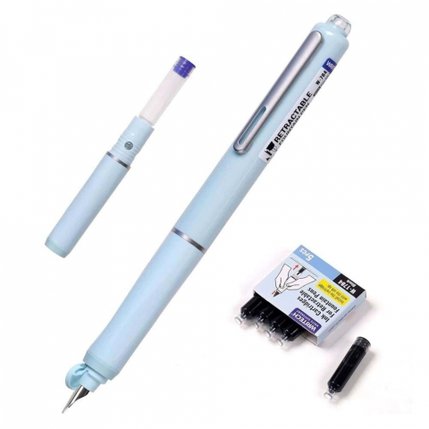 Set stilou retractabil Writech cu 5 rezerve cerneala albastru,grosime penita F, corp alb,cutie depozitare [1]