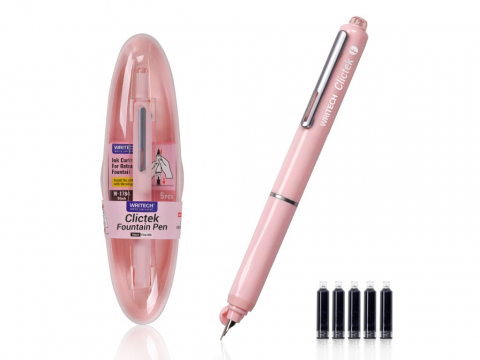 Papetarie & Birotica - Set stilou retractabil Writech cu 5 rezerve cerneala albastru,grosime penita F, corp roz,cutie depozitare