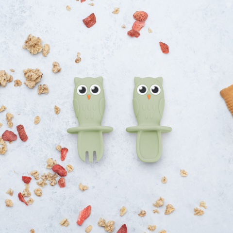 Articole bebelusi pentru diversificare - Set Tacamuri din silicon, AppeKids, OWL - Raw Green