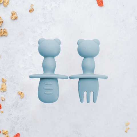 Articole bebelusi pentru diversificare - Set Tacamuri din silicon, AppeKids, The Little Bear - Aqua Blue