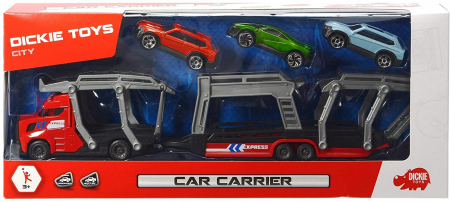 Masinute, Motociclete, Elicoptere, Avioane & Trenulete - Set trailer 28cm cu 3 masinute metalice - rosu