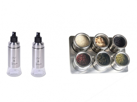 Suport condimente metalic cu magnet si 2 recipiente spray ulei si otet [5]
